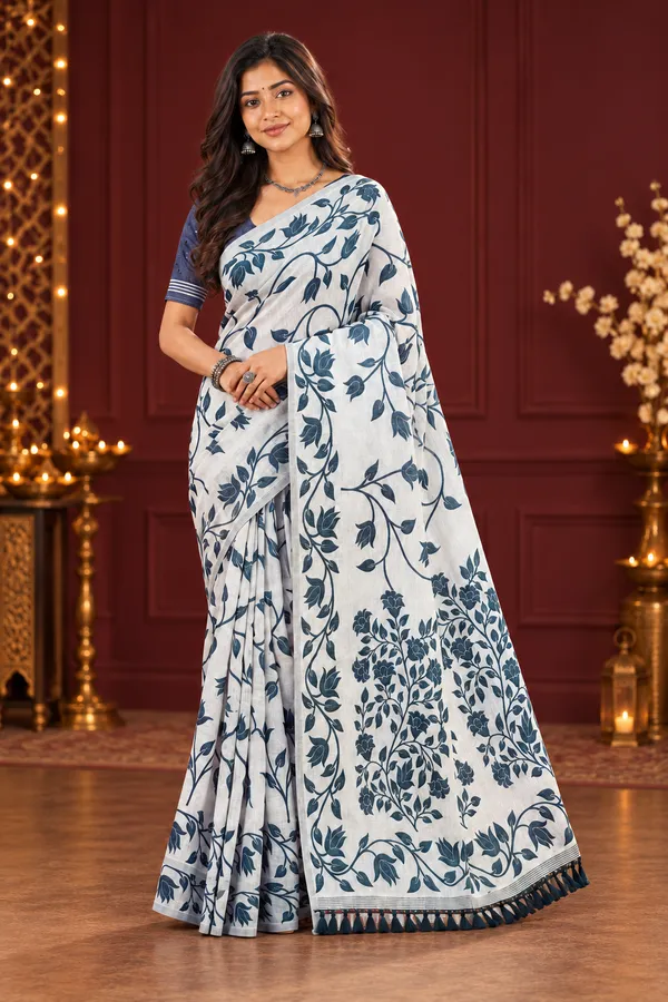 Title_Elegant_Ivory_Teal_Blue_Floral_Print_Saree_Turquoise_Blue