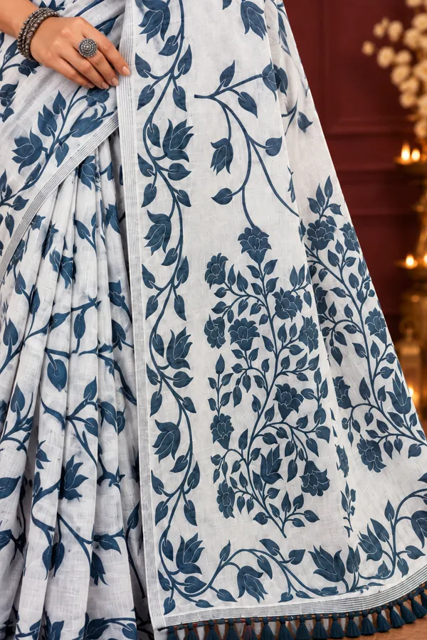 Title_Elegant_Ivory_Teal_Blue_Floral_Print_Saree_Turquoise_Blue