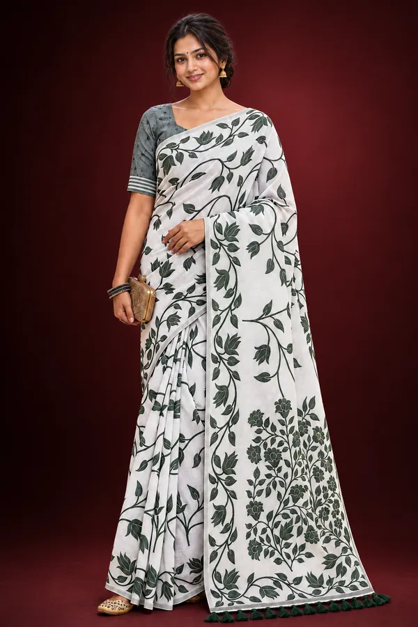 Title_Ivory_White_Botanical_Print_Saree_Sage_Green