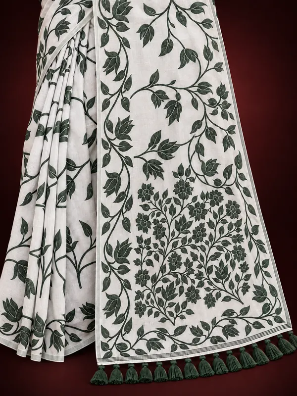 Title_Ivory_White_Botanical_Print_Saree_Sage_Green