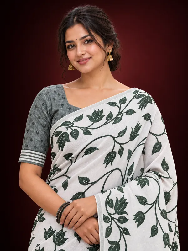Title_Ivory_White_Botanical_Print_Saree_Sage_Green