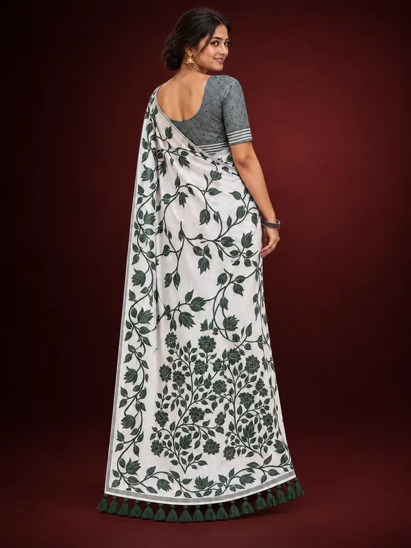 Title_Ivory_White_Botanical_Print_Saree_Sage_Green