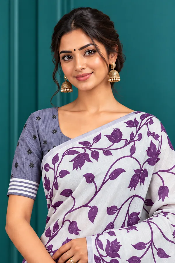 Title_Ivory_White_Purple_Floral_Print_Saree_Purple