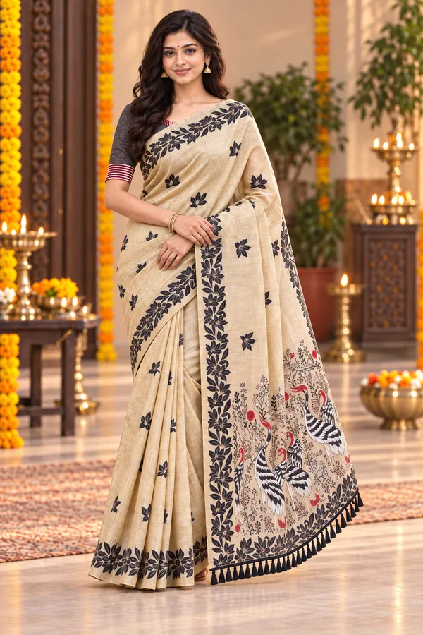 Title_Beige_Crane_Motif_Designer_Saree_Beige