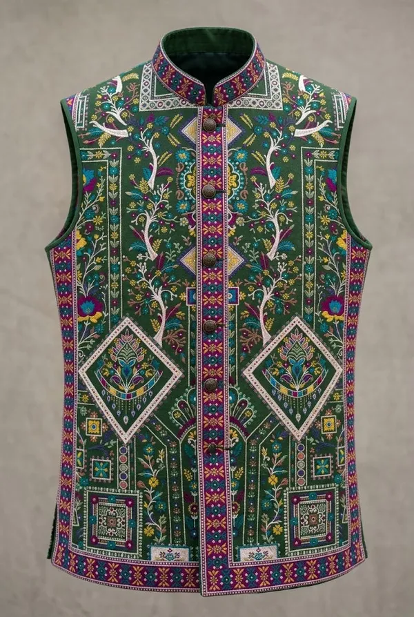 Bottle_Green_Multicolour_Embroidered_Nehru_Jacket