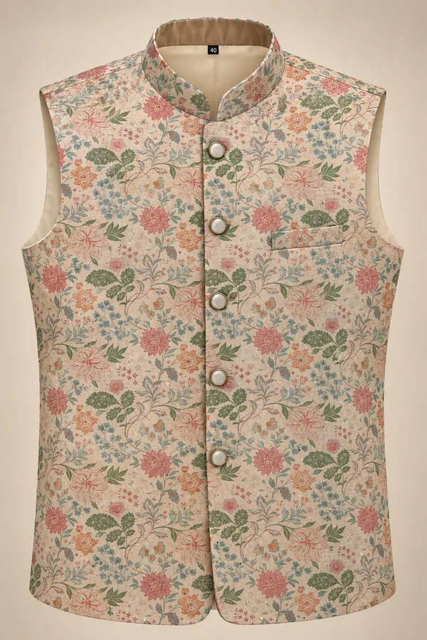 Beige_Floral_Printed_Nehru_Jacket_For_Men