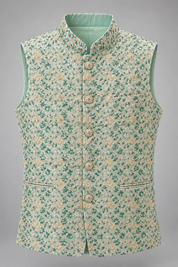 Mint_Green_Floral_Printed_Nehru_Jacket_For_Men