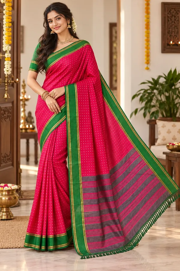 Rani_Pink_Saree_With_Green_Border_Striped_Pallu_Rani_Pink