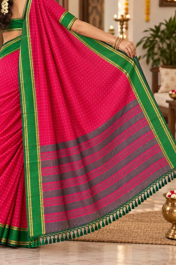 Rani_Pink_Saree_With_Green_Border_Striped_Pallu_Rani_Pink