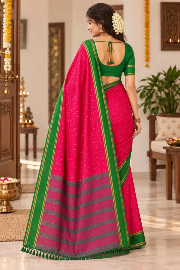 Rani_Pink_Saree_With_Green_Border_Striped_Pallu_Rani_Pink