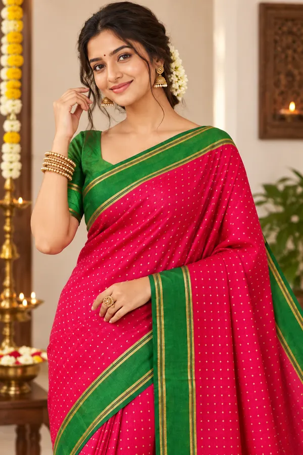 Rani_Pink_Saree_With_Green_Border_Striped_Pallu_Rani_Pink