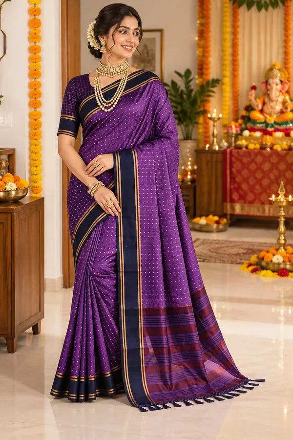 Royal_Purple_Saree_With_Navy_Blue_Border_Striped_Pallu_Purple