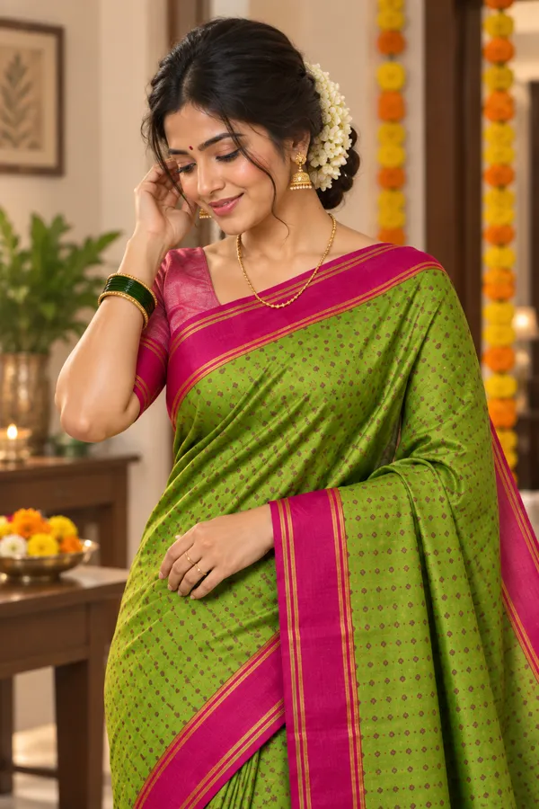 Green_Saree_With_Rani_Pink_Border_Striped_Pallu_Olive_Green