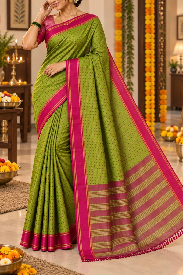 Green_Saree_With_Rani_Pink_Border_Striped_Pallu_Olive_Green