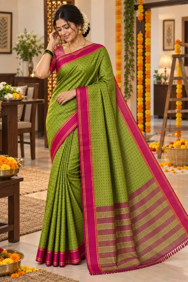 Green_Saree_With_Rani_Pink_Border_Striped_Pallu_Olive_Green