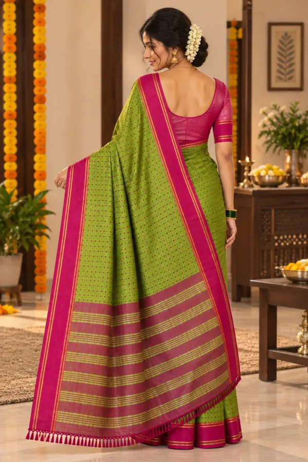 Green_Saree_With_Rani_Pink_Border_Striped_Pallu_Olive_Green
