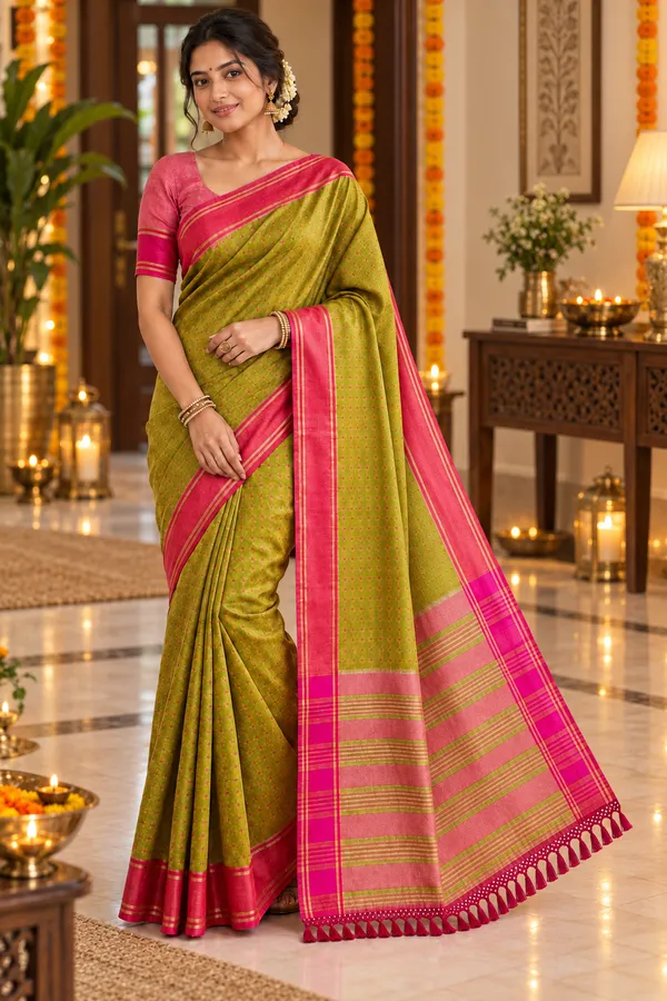 Olive_Green_Rani_Pink_Festive_Saree_Mehendi_Olive