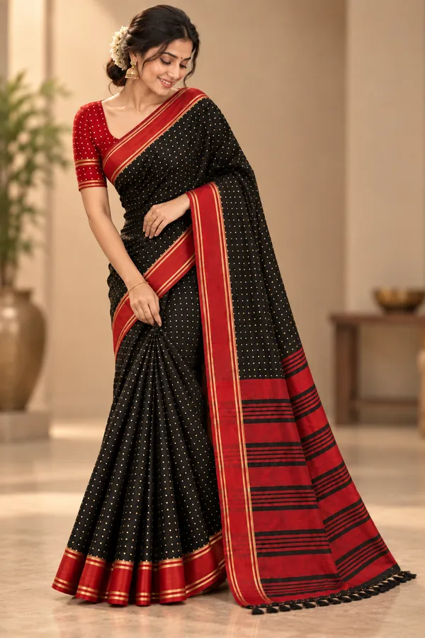 Black_Red_Polka_Saree_With_Traditional_Border_Black