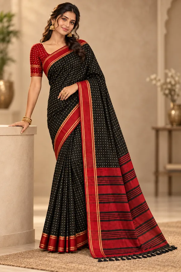 Black_Red_Polka_Saree_With_Traditional_Border_Black