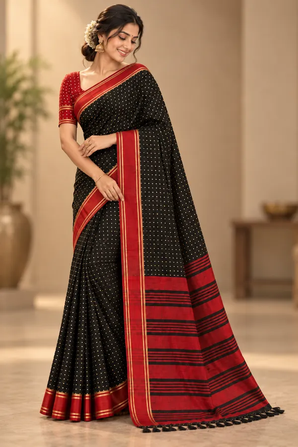 Black_Red_Polka_Saree_With_Traditional_Border_Black