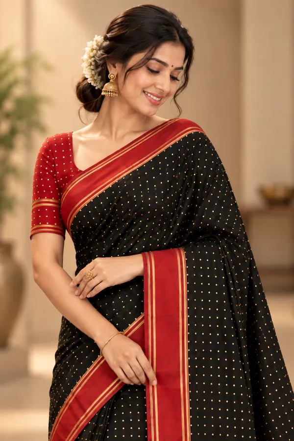 Black_Red_Polka_Saree_With_Traditional_Border_Black