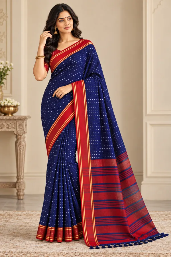 Royal_Navy_Blue_Saree_With_Red_Traditional_Border_Navy_Blue