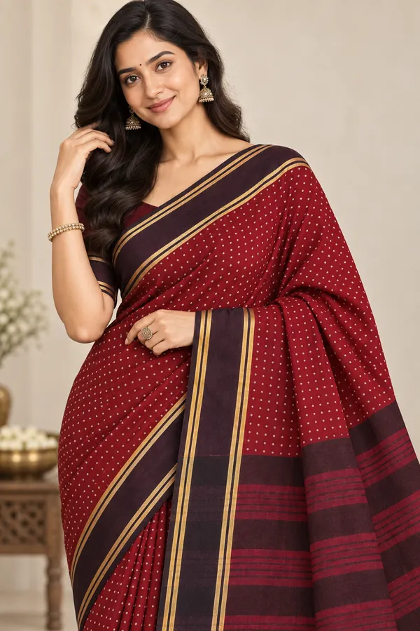Maroon_Dotted_Handloom_Saree_With_Contrast_Border_Maroon