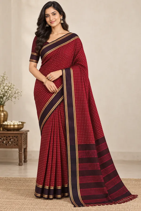 Maroon_Dotted_Handloom_Saree_With_Contrast_Border_Maroon