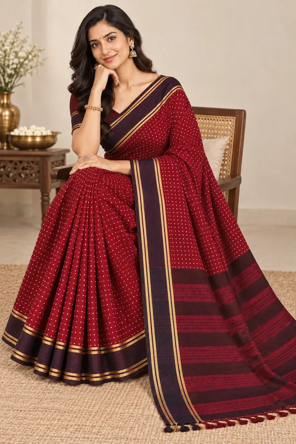 Maroon_Dotted_Handloom_Saree_With_Contrast_Border_Maroon