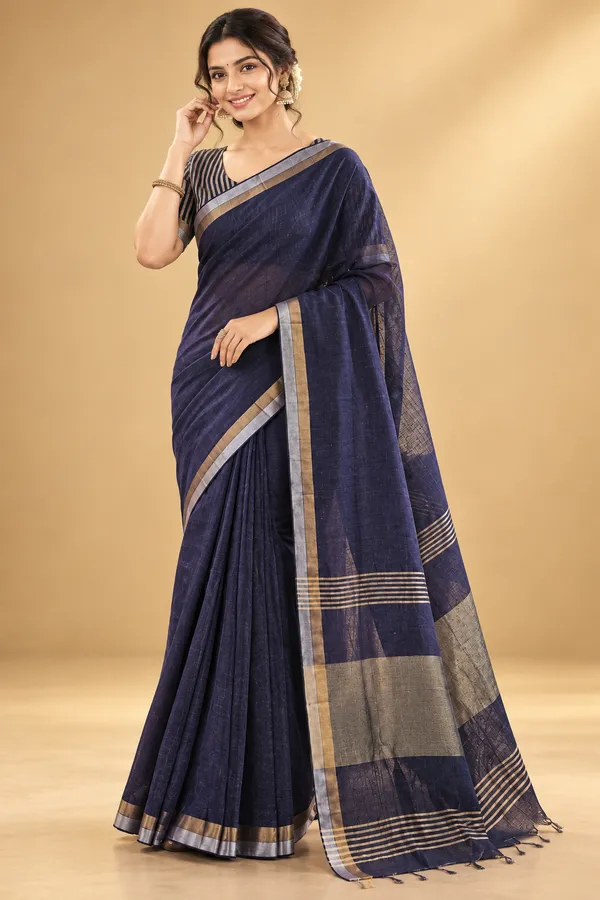 Elegant_Navy_Blue_Saree_With_Metallic_Border_Navy