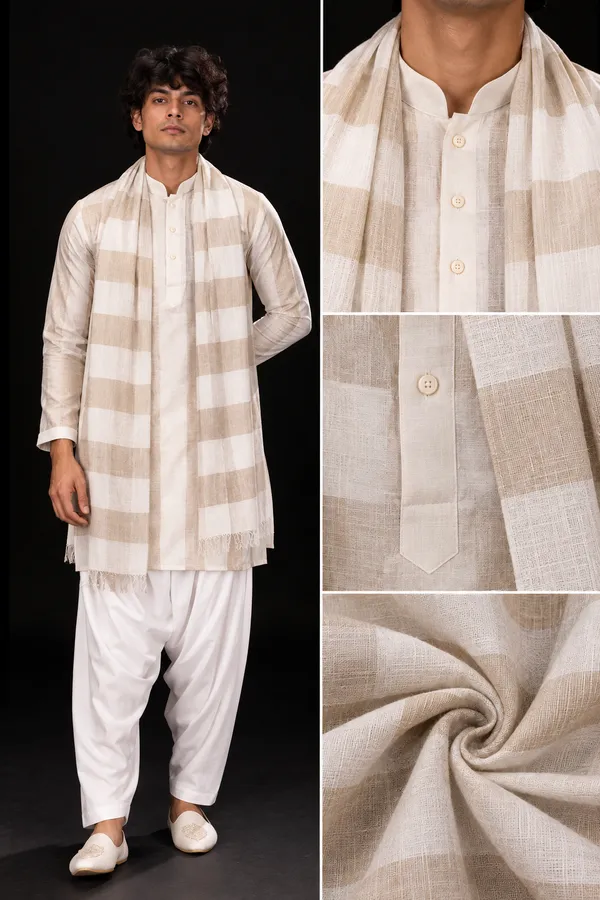 Beige_Check_Kurta_Set_With_Stole