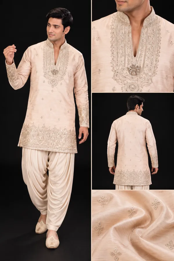 Peach_Embroidered_Kurta_With_Draped_Dhoti