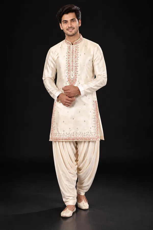 Ivory_Peach_Embroidered_Kurta_Dhoti_Set
