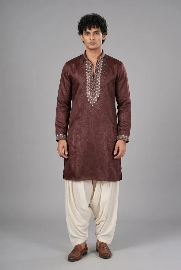 Wine_Embroidered_Kurta_With_Ivory_Dhoti_Pants