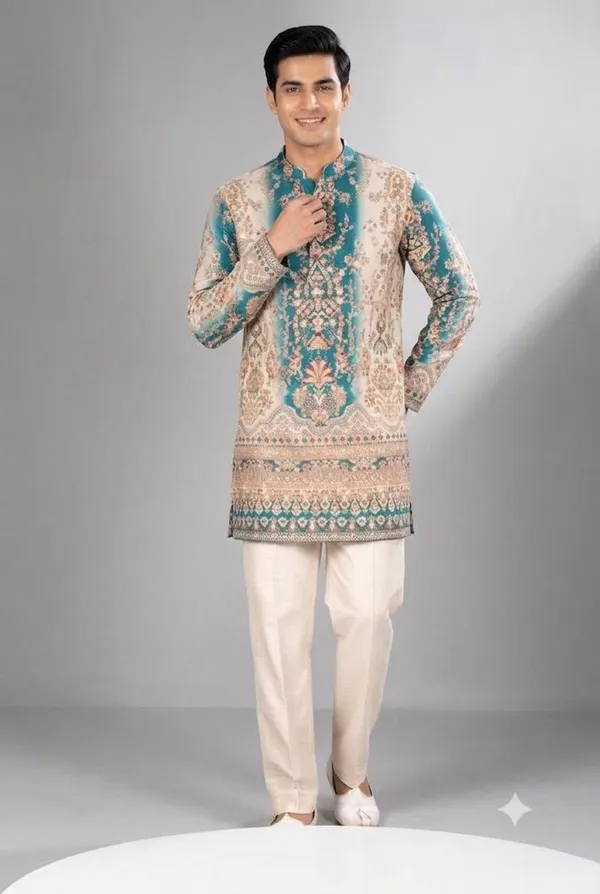 Teal_Beige_Printed_Kurta_Set