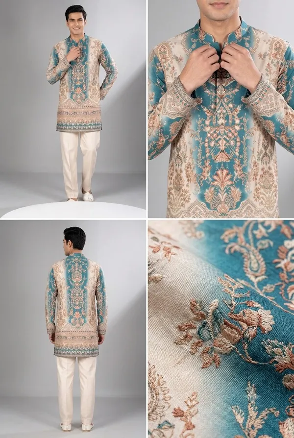 Teal_Beige_Printed_Kurta_Set