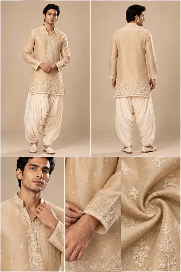 Beige_Embroidered_Kurta_With_Dhoti_Set