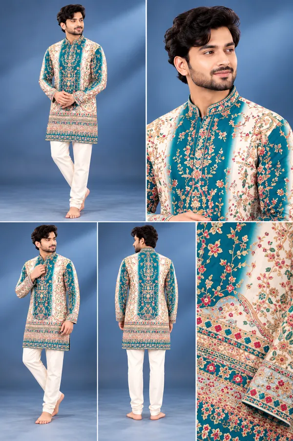 Premium_Teal_Floral_Printed_Kurta_Set