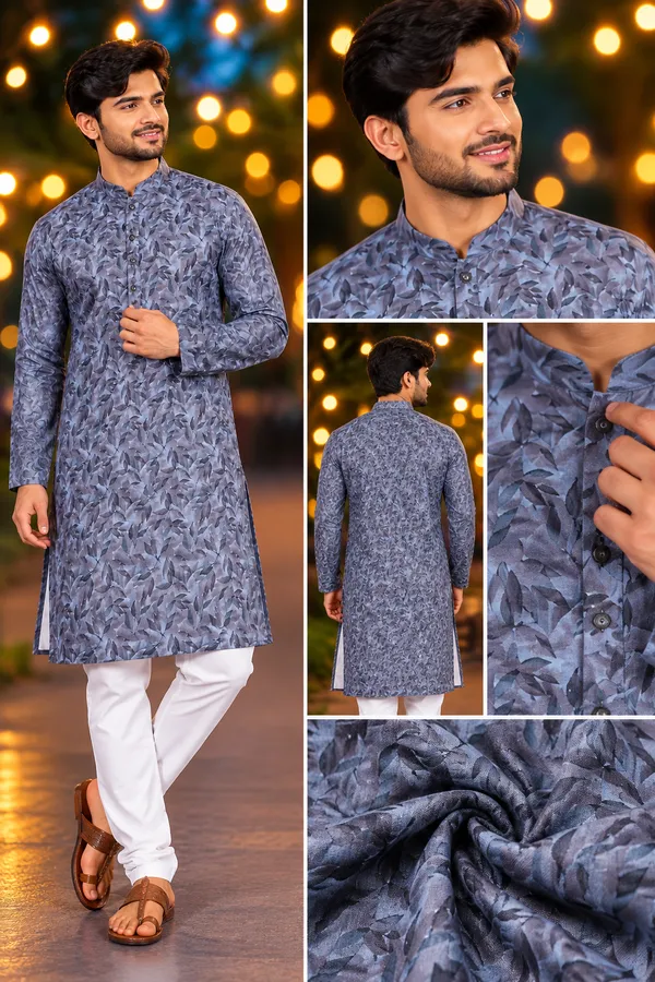 Men_S_Slate_Blue_Leaf_Print_Only_Kurta