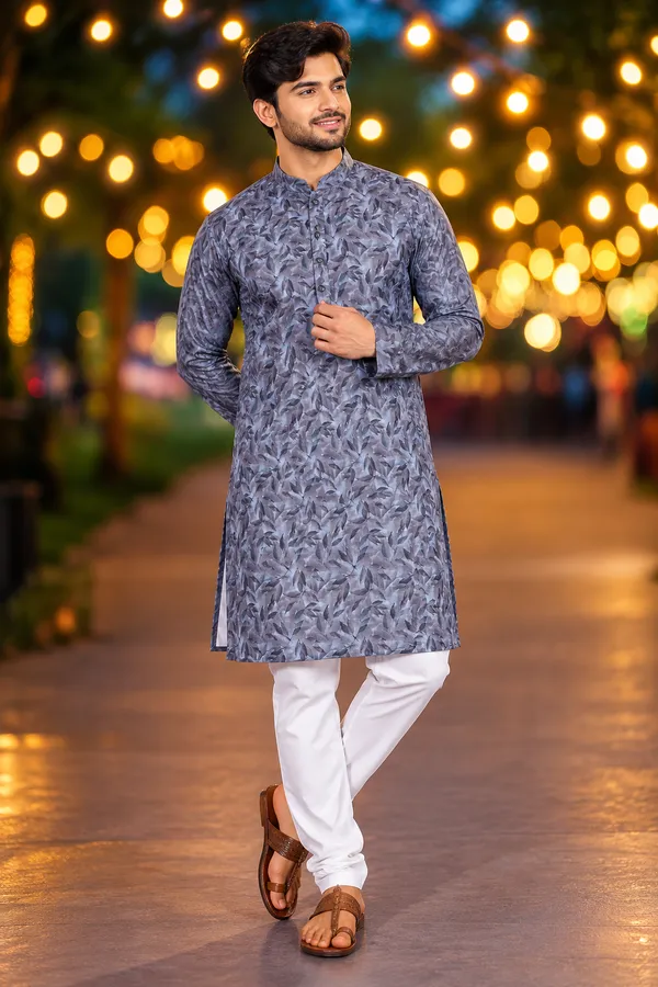 Men_S_Slate_Blue_Leaf_Print_Only_Kurta