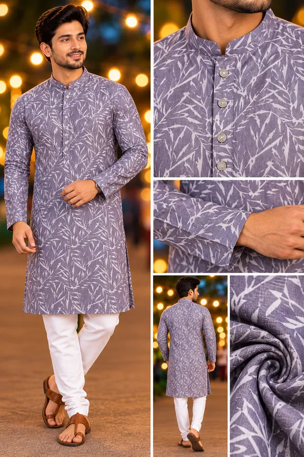 Men_S_Lavender_Grey_Leaf_Print_Only_Kurta