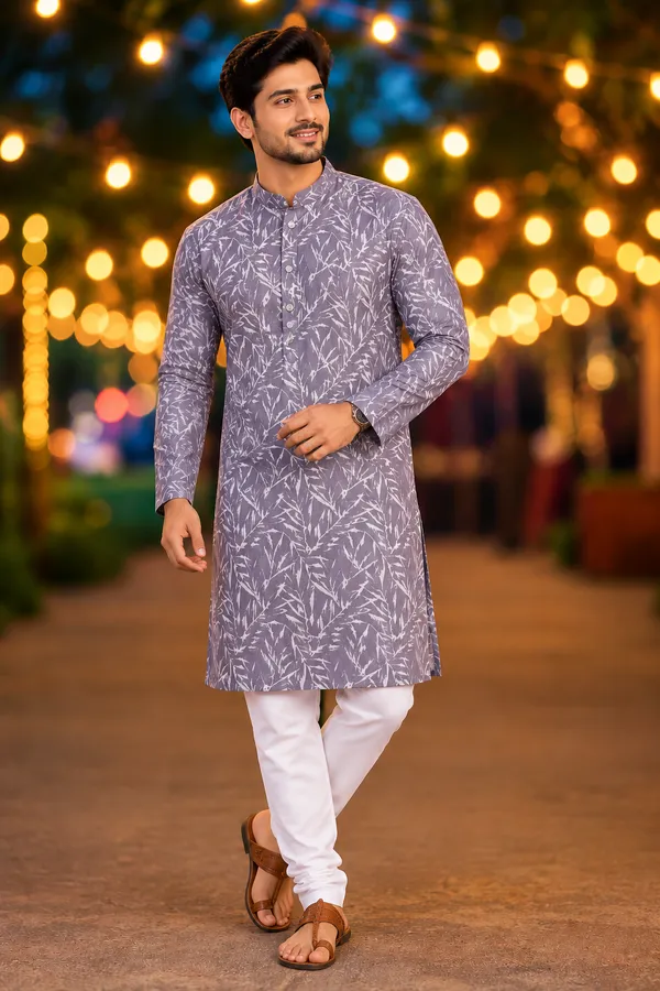 Men_S_Lavender_Grey_Leaf_Print_Only_Kurta