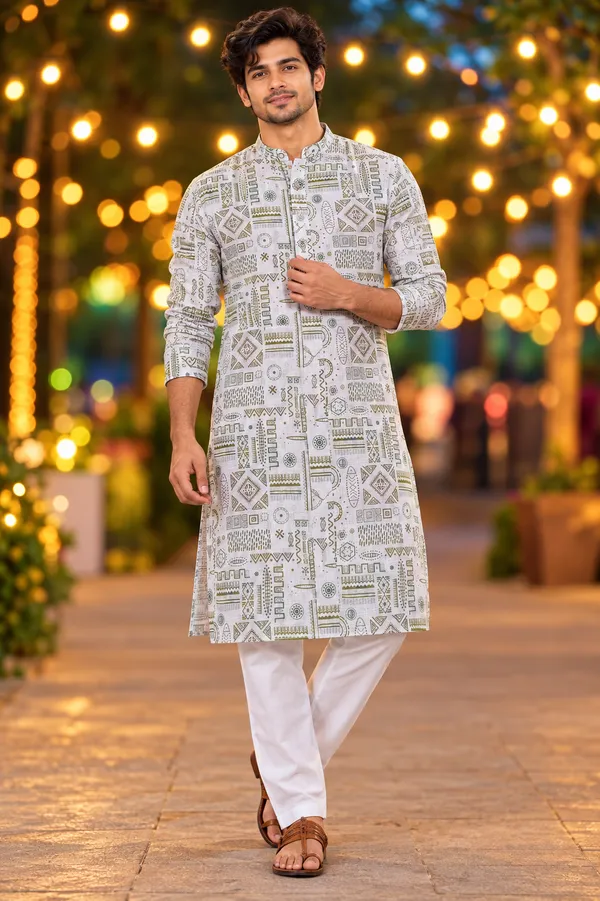 Men_S_Ivory_Olive_Tribal_Print_Only_Kurta