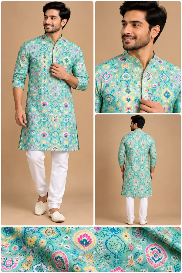 Mint_Green_Printed_Festive_Kurta_For_Men
