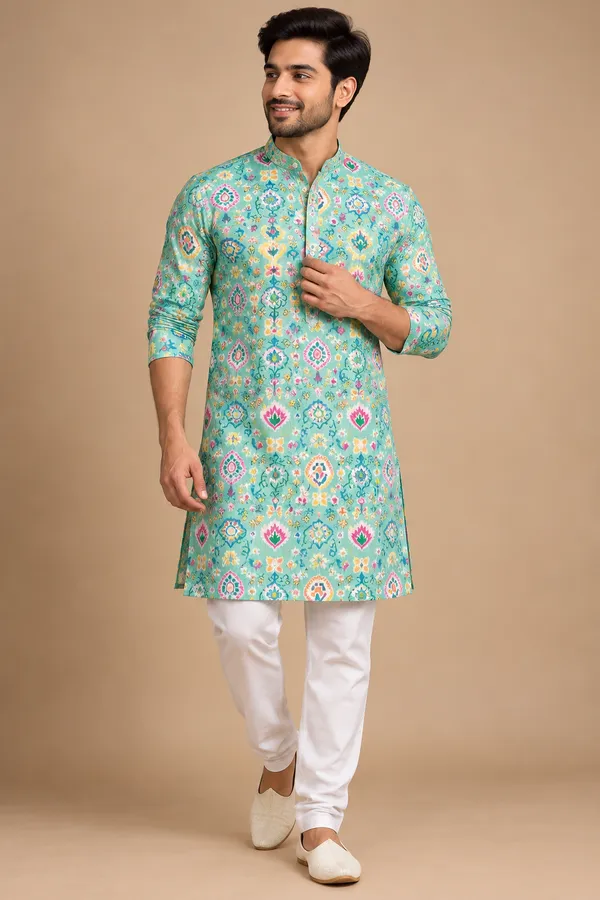 Mint_Green_Printed_Festive_Kurta_For_Men
