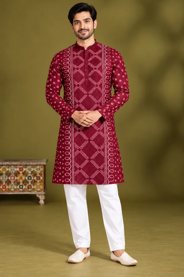 Maroon_Printed_Festive_Kurta_For_Men