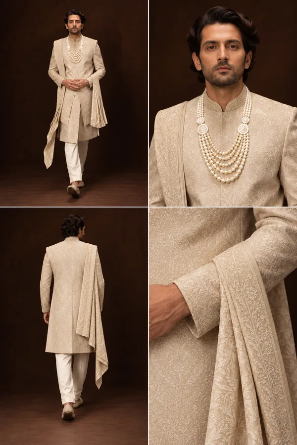 Classic_Beige_Jacquard_Groom_Sherwani