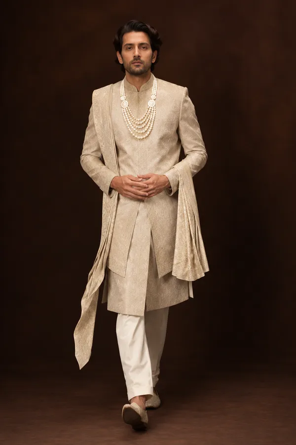 Classic_Beige_Jacquard_Groom_Sherwani