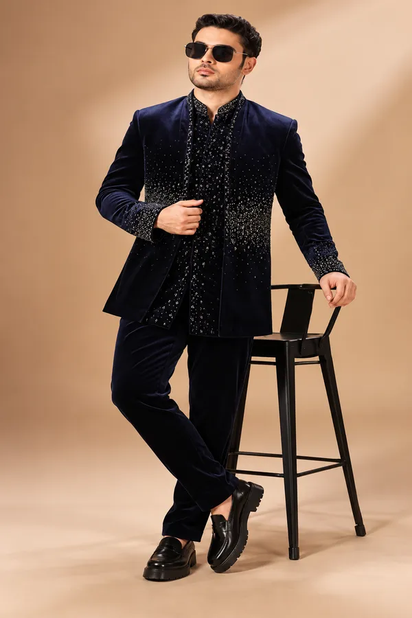 Midnight_Blue_Velvet_Embellished_Indo_Western_Set