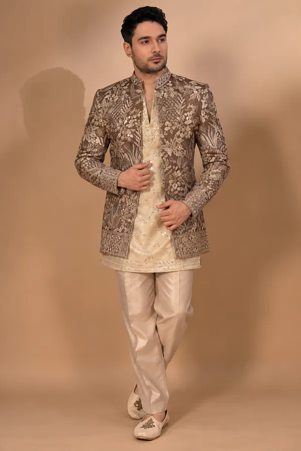 Mocha_Brown_Champagne_Embroidered_Indo_Western_Set